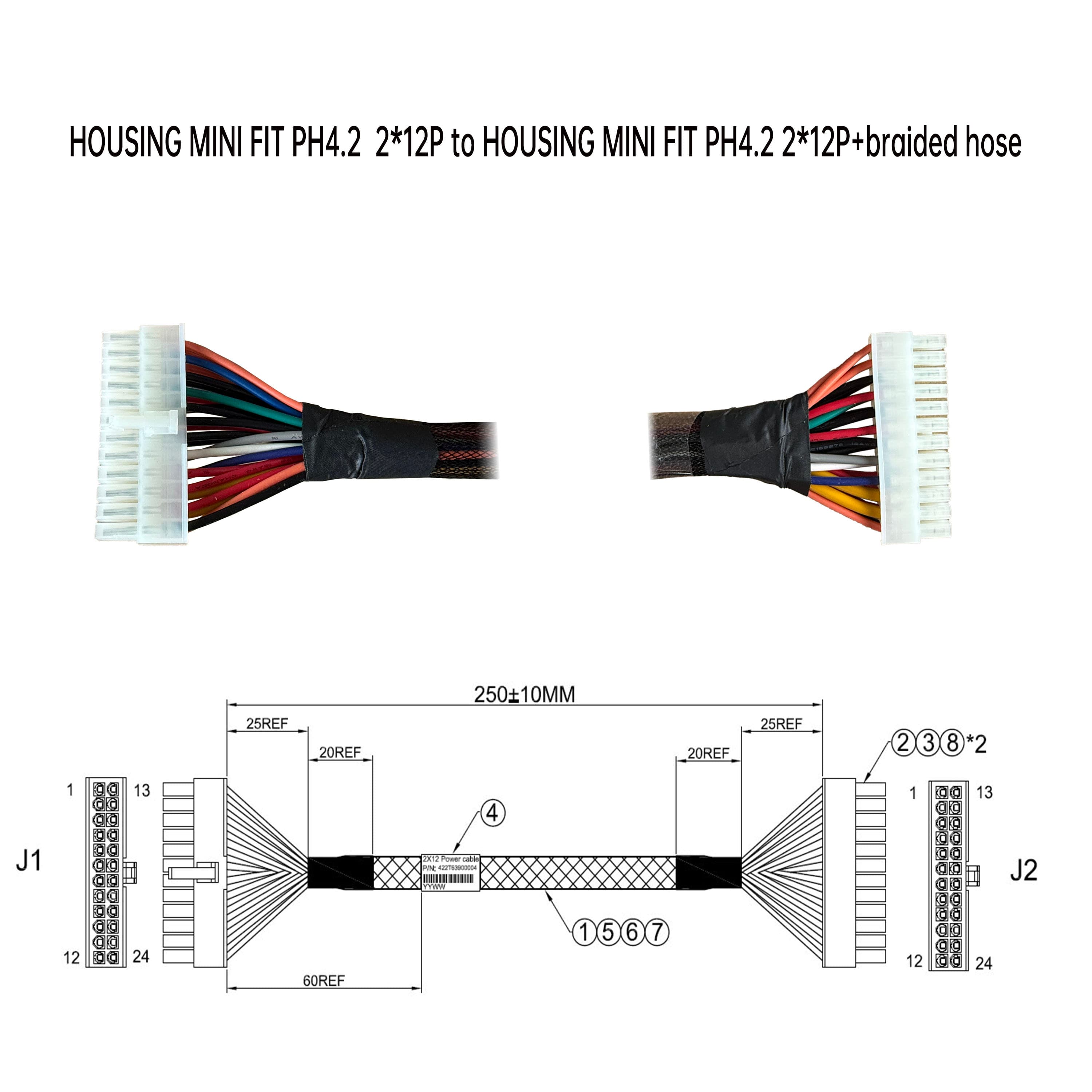HOUSING MINI FIT PH4.2  2*12P 對 HOUSING MINI FIT PH4.2 2*12P+編織網管