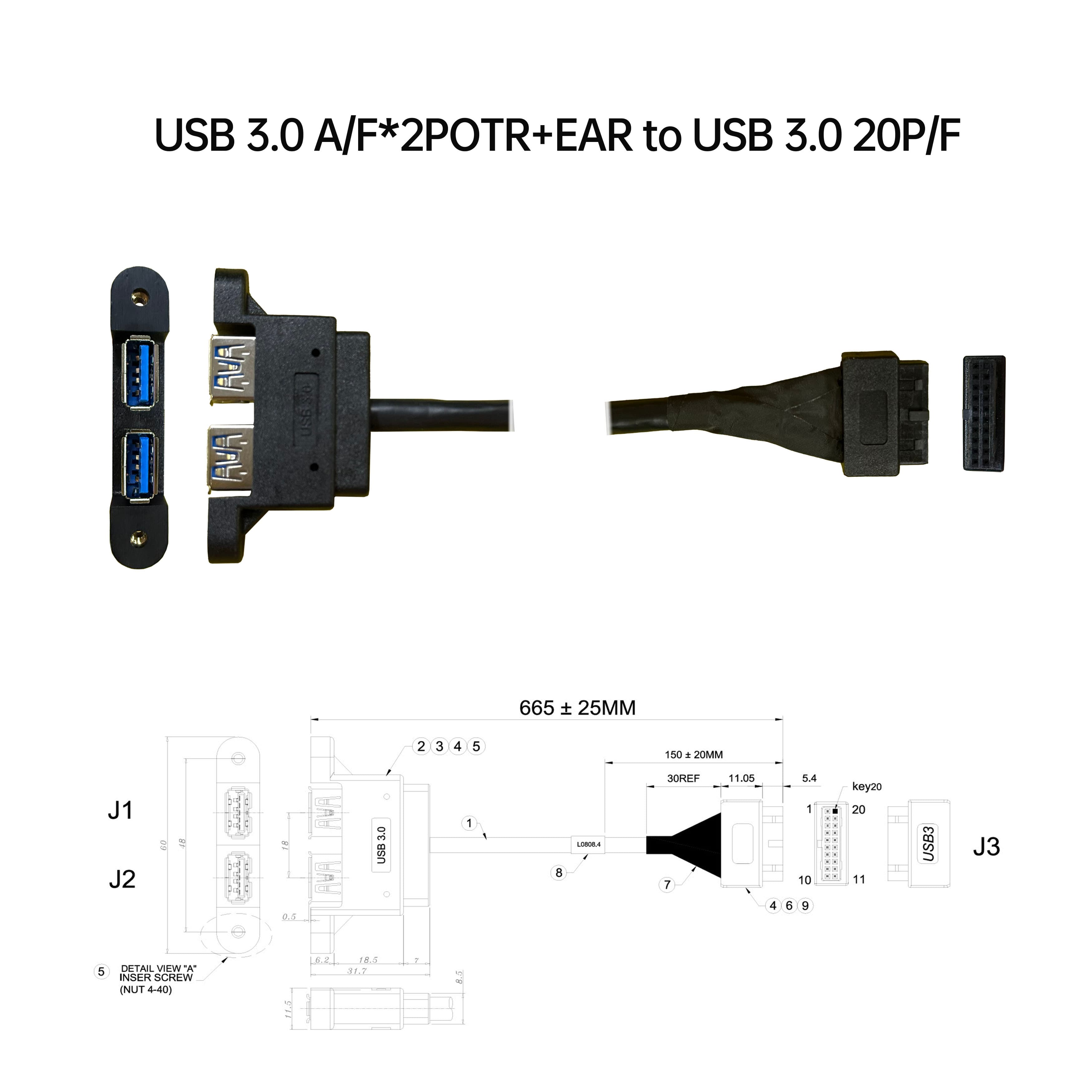 USB 3.0 A/母*2POTR+EAR 對 USB 3.0 20P/母