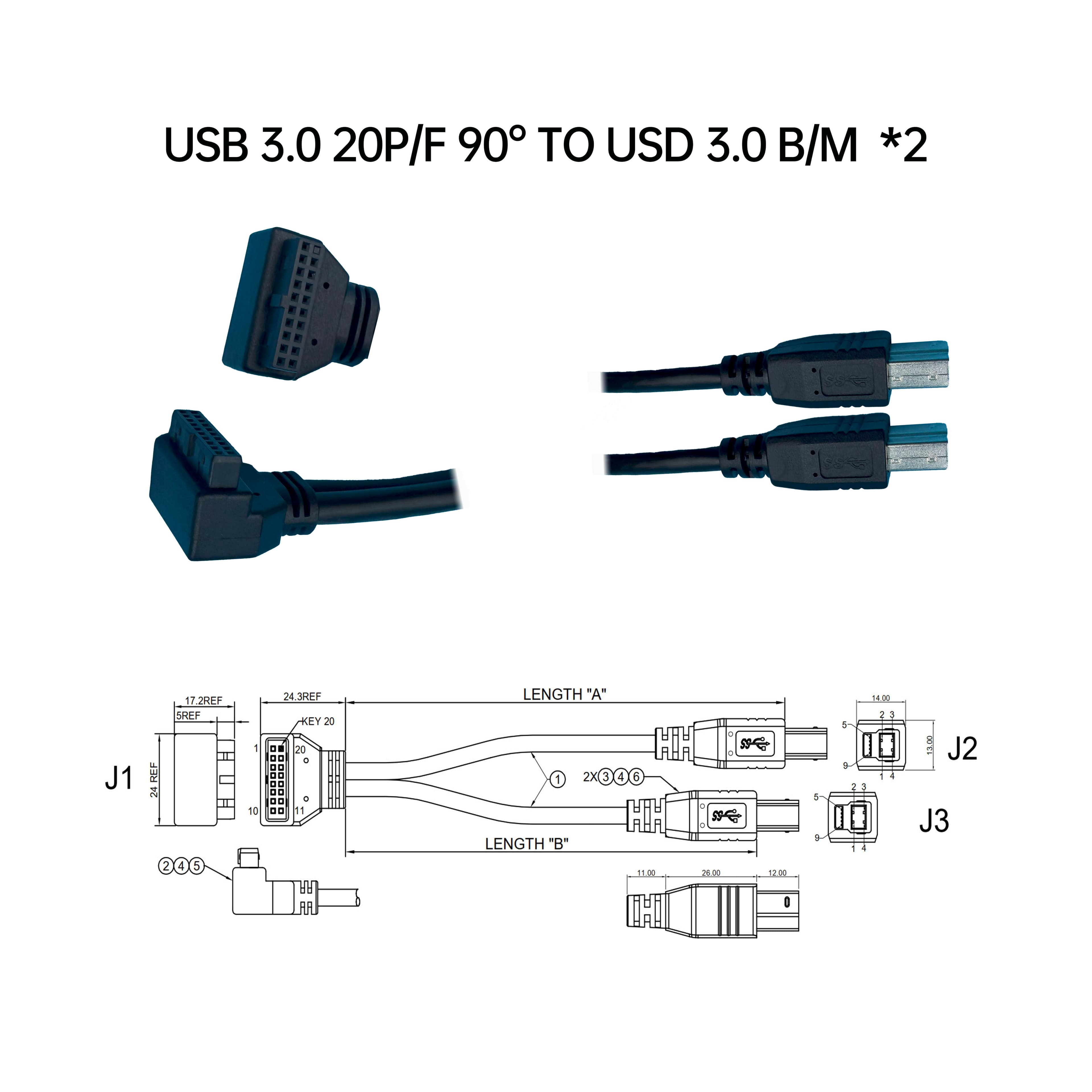USB 3.0 20P/母 90° 對 USD 3.0 B/公  *2