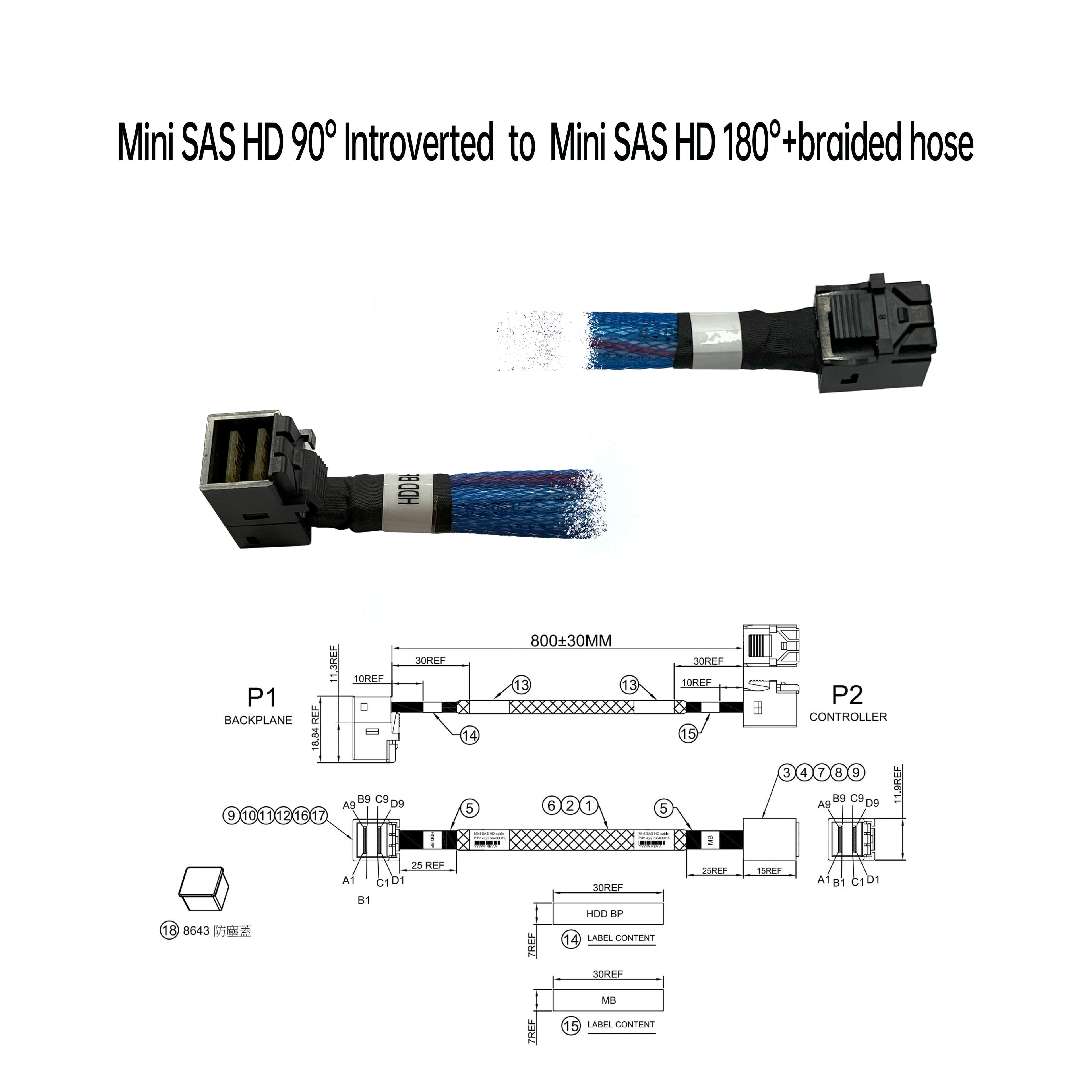 Mini SAS HD 90° 彈片內向 對 Mini SAS HD 180°+編織網管